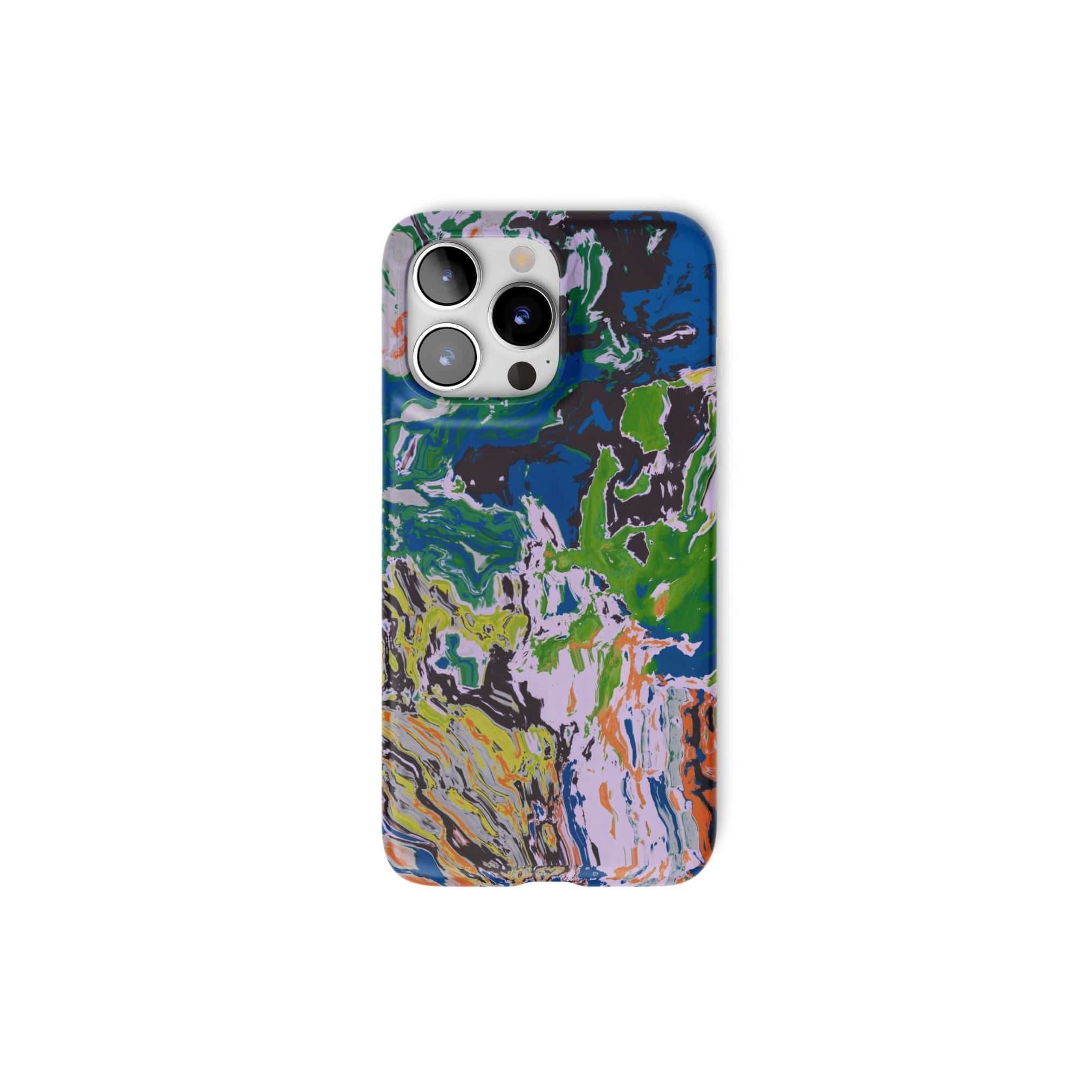 Snap phone case with a bold vivid pattern in marble abstract and artistic style, featuring an elegant and expressive aesthetic design. Main colors are blue, green and yellow with slight orange. Front view.