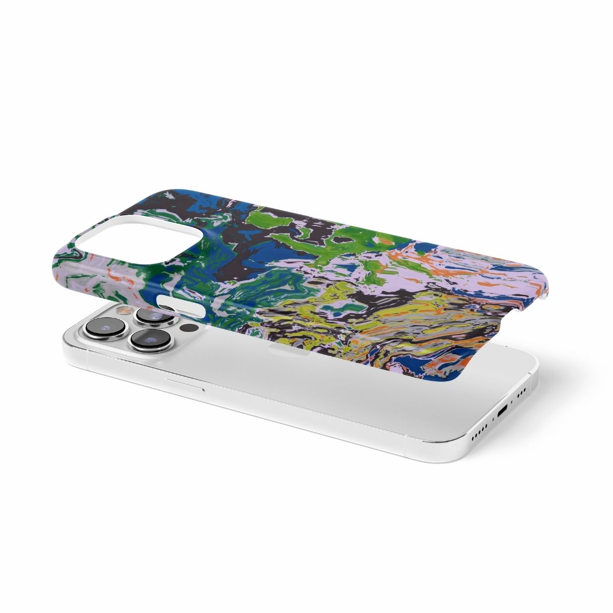 Snap phone case with a bold vivid pattern in marble abstract and artistic style, featuring an elegant and expressive aesthetic design. Main colors are blue, green and yellow with slight orange. Extend view.
