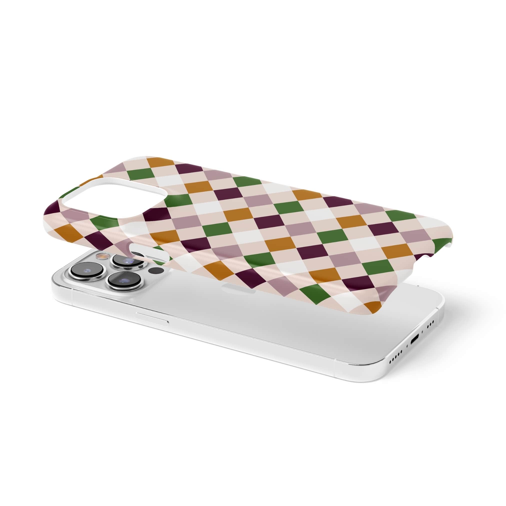 Ultra thin snap phone case Wonder Chess pattern design with a dynamic geometric symmetry in chess style, featuring an elegant and expressive aesthetic design. Main colors are sugar brown, green, deep cherry and pink. Extend view.