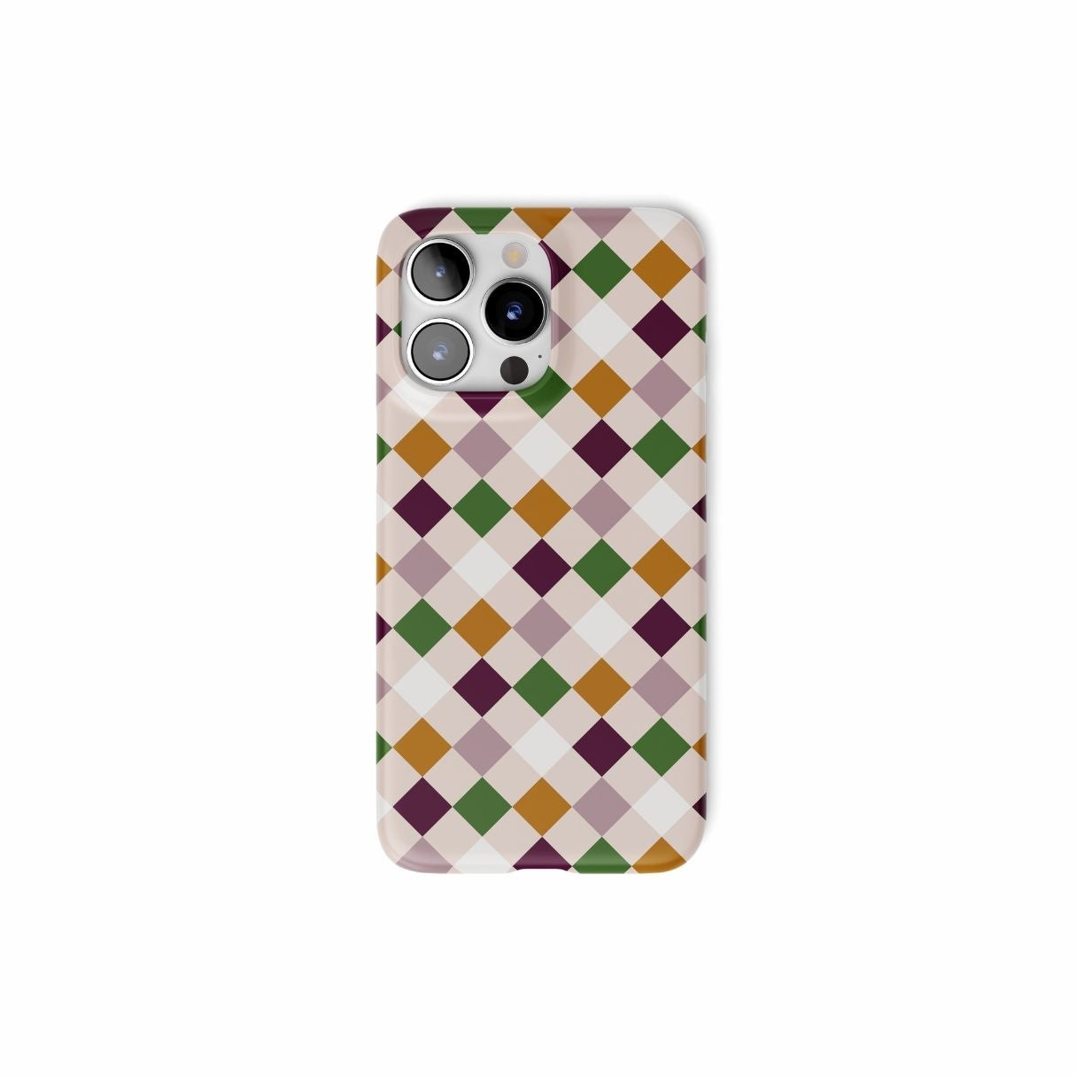 Ultra thin snap phone case Wonder Chess pattern design with a dynamic geometric symmetry in chess style, featuring an elegant and expressive aesthetic design. Main colors are sugar brown, green, deep cherry and pink. Front view.