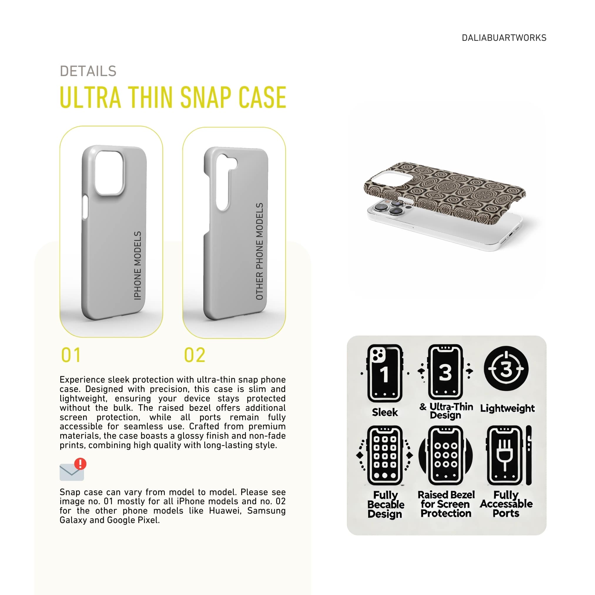 Snap phone case front view; wooden snake 1 pattern, ornamental pattern; kaleidoscope pattern imagination. Brown color. Description about snug fit phone protector features.