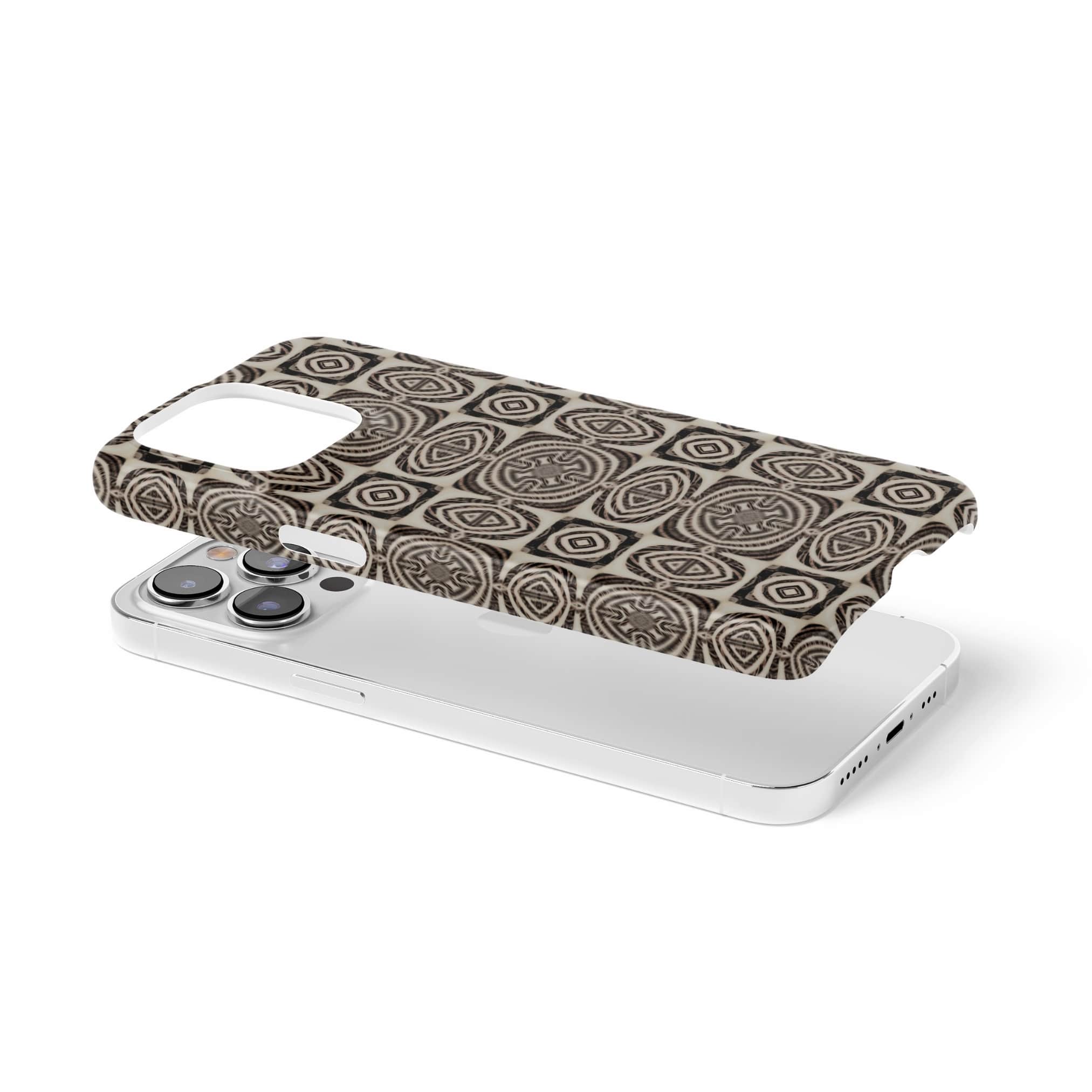 Snap phone case extend view; wooden snake 1 pattern, ornamental pattern; kaleidoscope pattern imagination. Brown color.