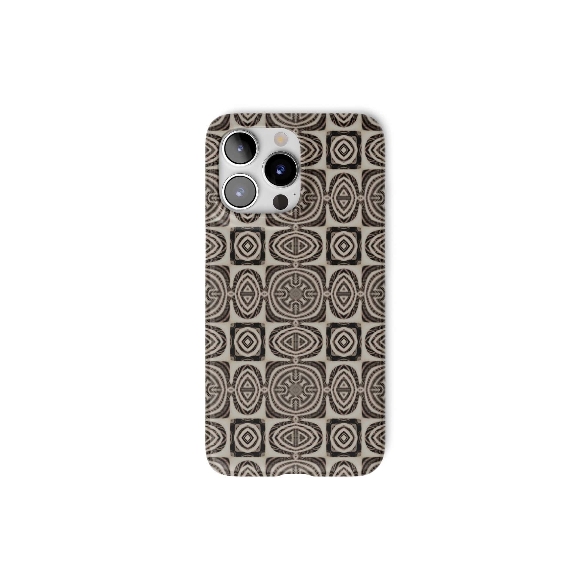 Snap phone case front view; wooden snake 1 pattern, ornamental pattern; kaleidoscope pattern imagination. Brown color.