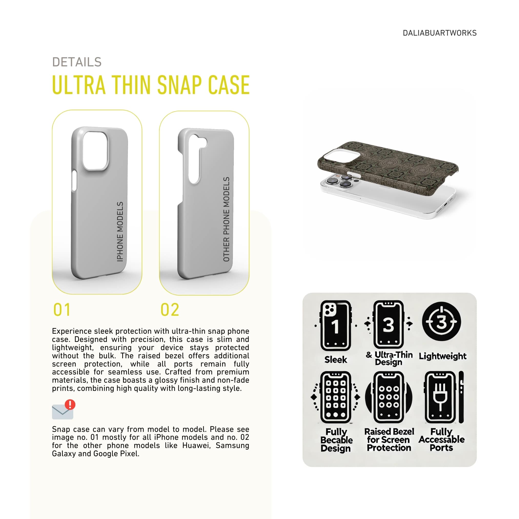 Ultra thin snap phone case front view; wooden snake 3 pattern, ornamental pattern; kaleidoscope pattern imagination. Green color. Details about snug fit phone protector features.