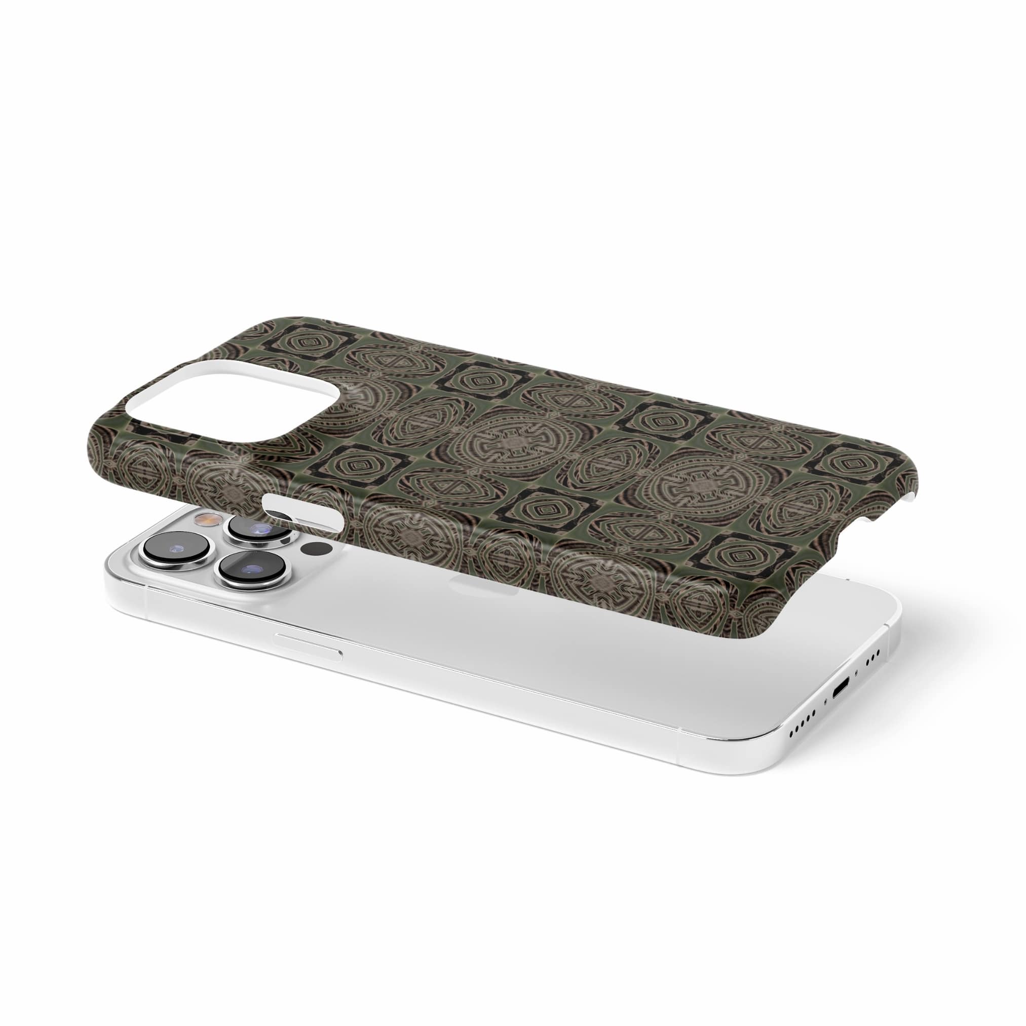 Ultra thin snap phone case extend view; wooden snake 3 pattern, ornamental pattern; kaleidoscope pattern imagination. Green color.