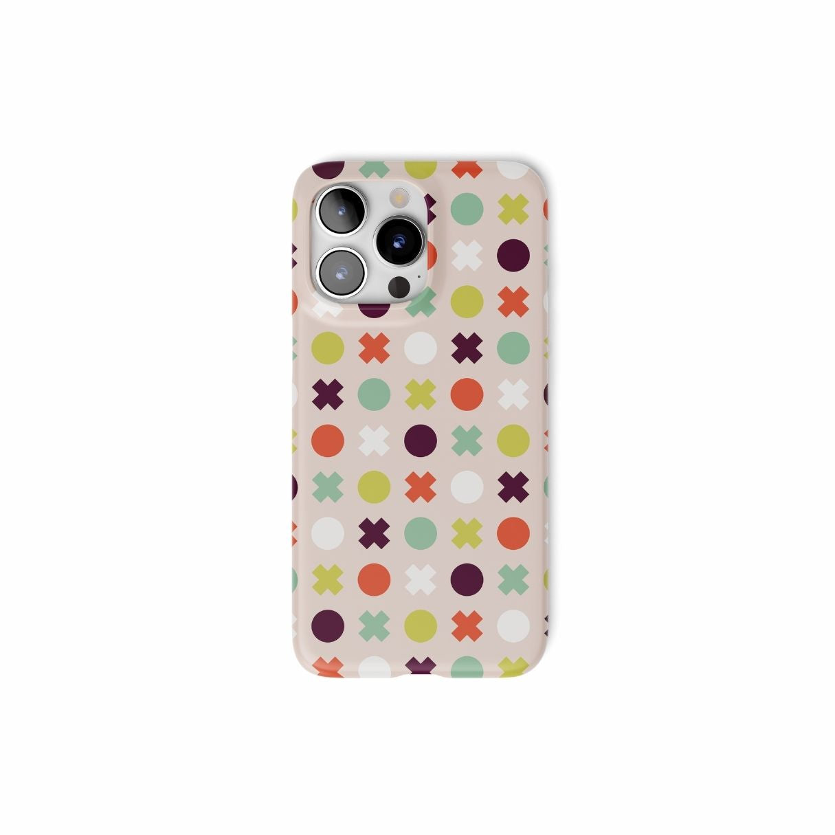 Ultra thin snap phone case XOXO pattern design with a circles and cross modern style, featuring an elegant and expressive aesthetic design. Main colors are orange red, purple, yellow and mint. Front view.