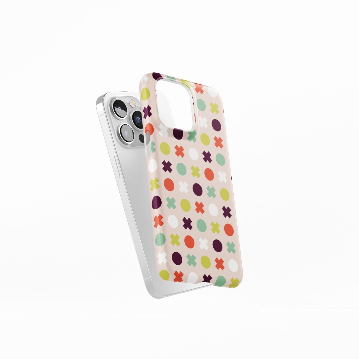 Ultra thin snap phone case XOXO pattern design with a circles and cross modern style, featuring an elegant and expressive aesthetic design. Main colors are orange red, purple, yellow and mint. Side view.