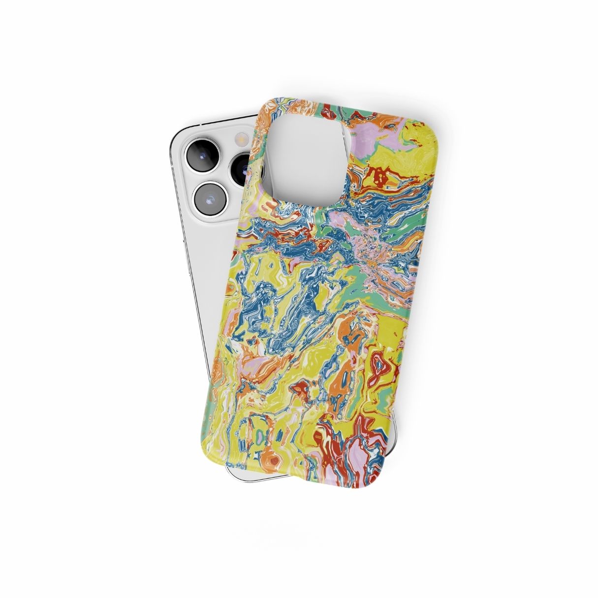 Ultra thin snap phone case with a bold vivid pattern Yell Ow abstract and artistic style, featuring an elegant and expressive aesthetic design. Main colors are yellow and blue. Front view.