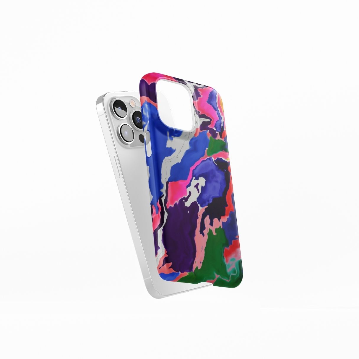 Snap phone case side view; Nebula Drift pattern, artistic, abstract marble pattern. Blue and purple color combination. Bold expressive aesthetic design. Colorful and interior fit. Elegant.