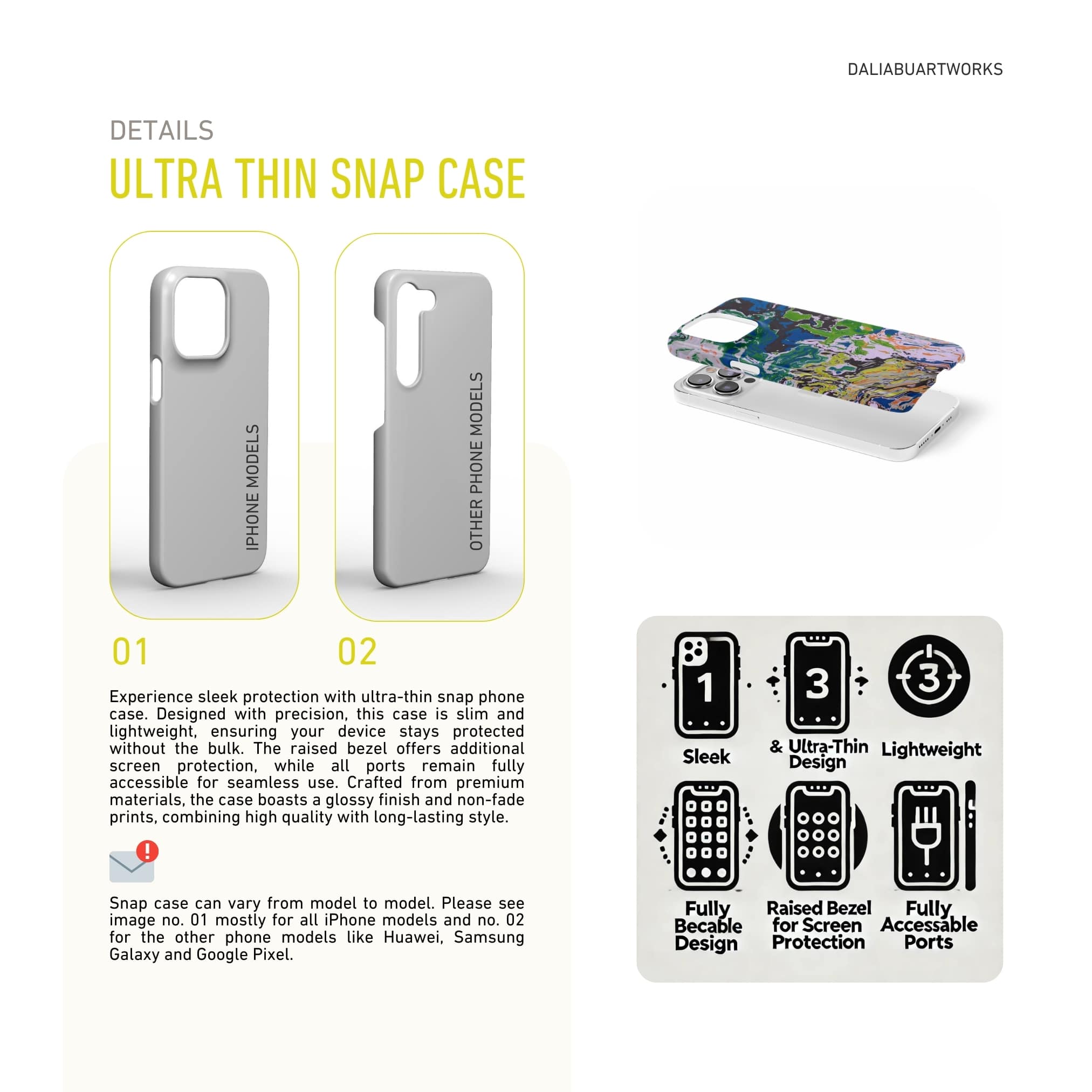 Details how to select correct ultra slim phone case according to your phone model. Description about snap cover features.
