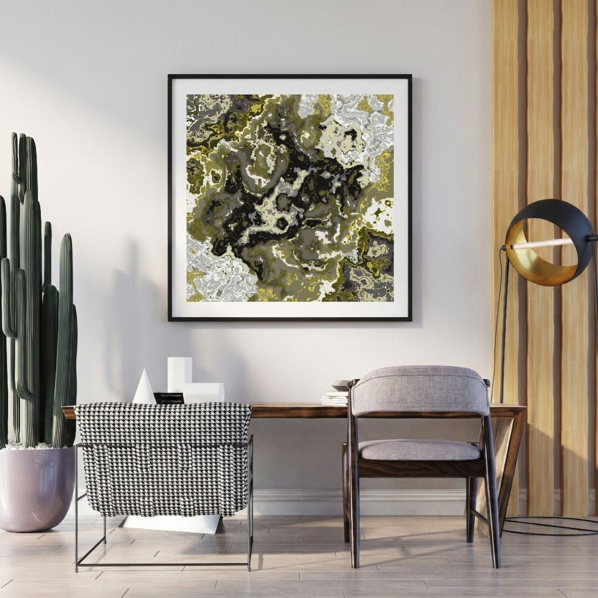 Modern interior with a abstract art print on the wall, chair, and potted plant.