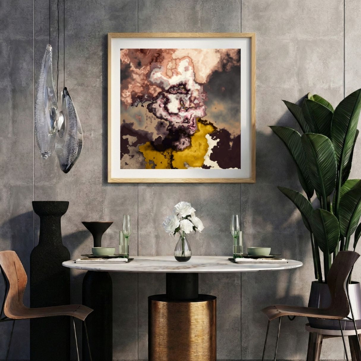Modern interior with a brown abstract print on a gray wall, marble table, and decorative items.