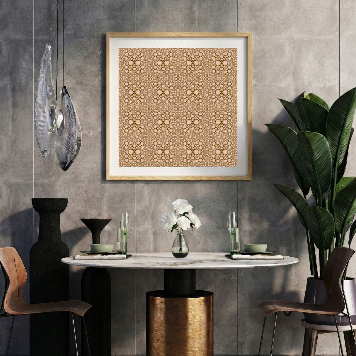 Modern interior with a ornamental beige print on a gray wall, marble table, and decorative items.