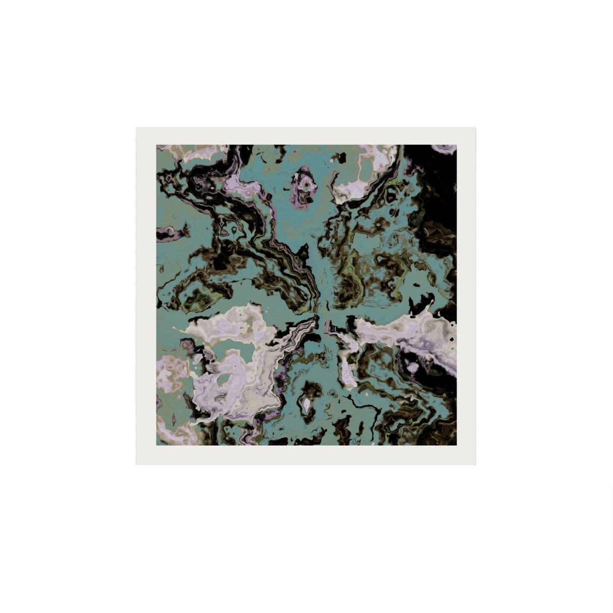 Abstract art print with a marbled design in green, black, and white on a light blue background.