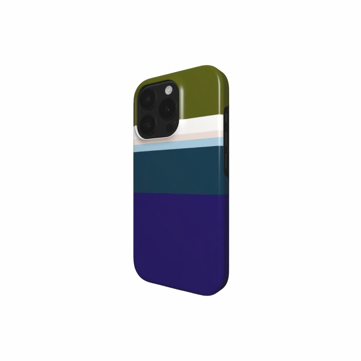 Tough phone case Color Blocks Navy pattern design with a color blocks, featuring an elegant and expressive aesthetic design. Main colors are khaki, navy blue, deep marine, light blue and pink. Side view.