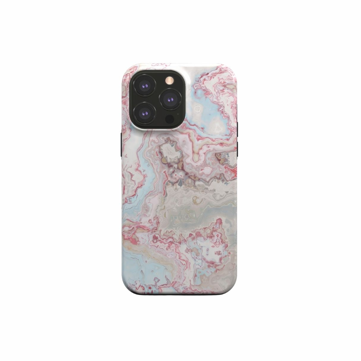 Tough phone case front view; Divine Blue River pattern, artistic, abstract marble pattern. Light blue and pink color combination. Bold expressive aesthetic design. Colorful and interior fit. Elegant.