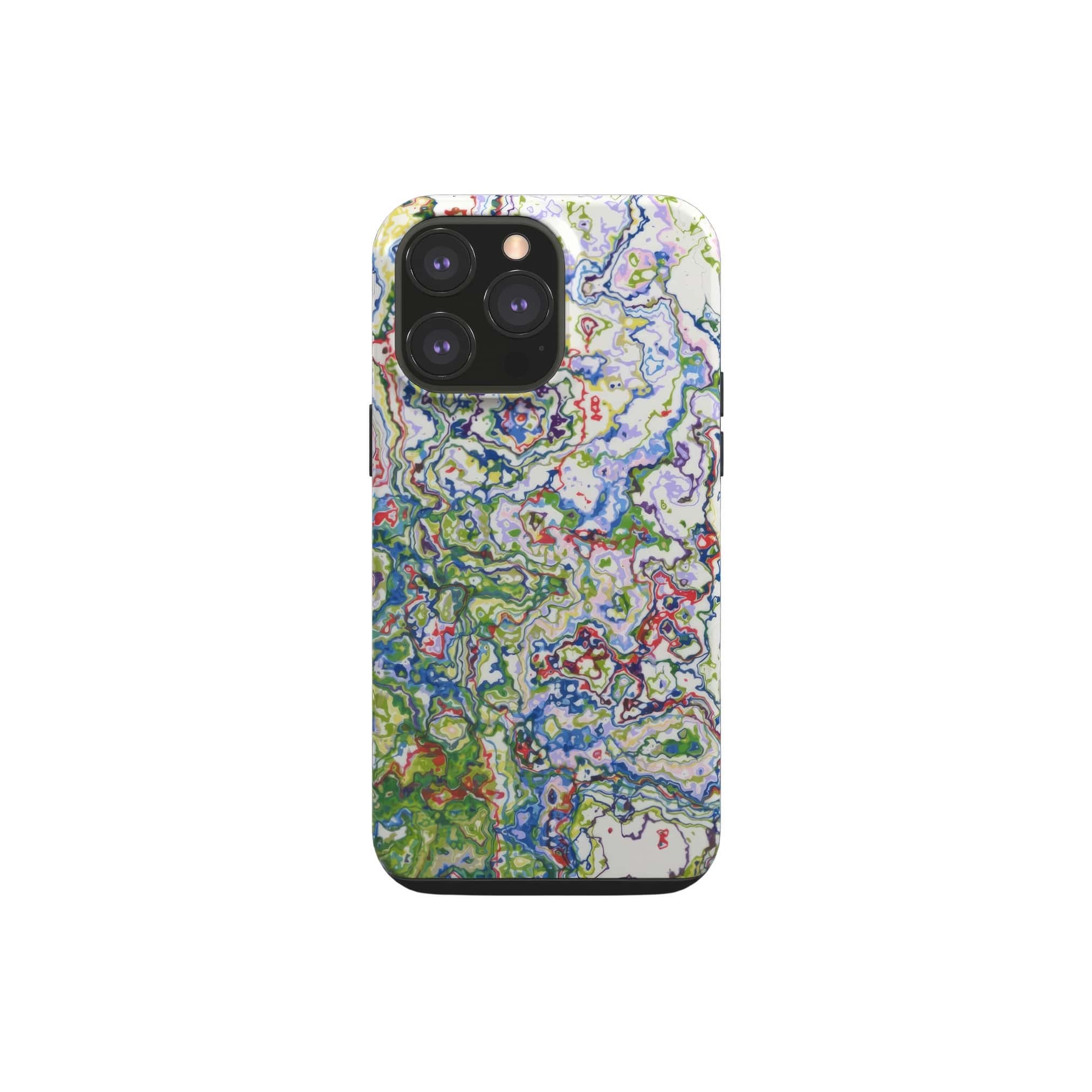 Though phone case front view; Inside My Brain 2 pattern, artistic, abstract marble pattern. Blue, green and red color combination. Bold expressive aesthetic design. Colorful and interior fit. Elegant.