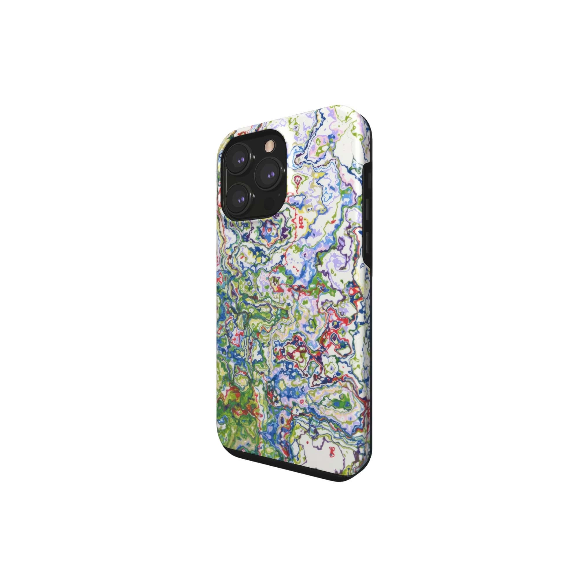 Though phone case side view; Inside My Brain 2 pattern, artistic, abstract marble pattern. Blue, green and red color combination.