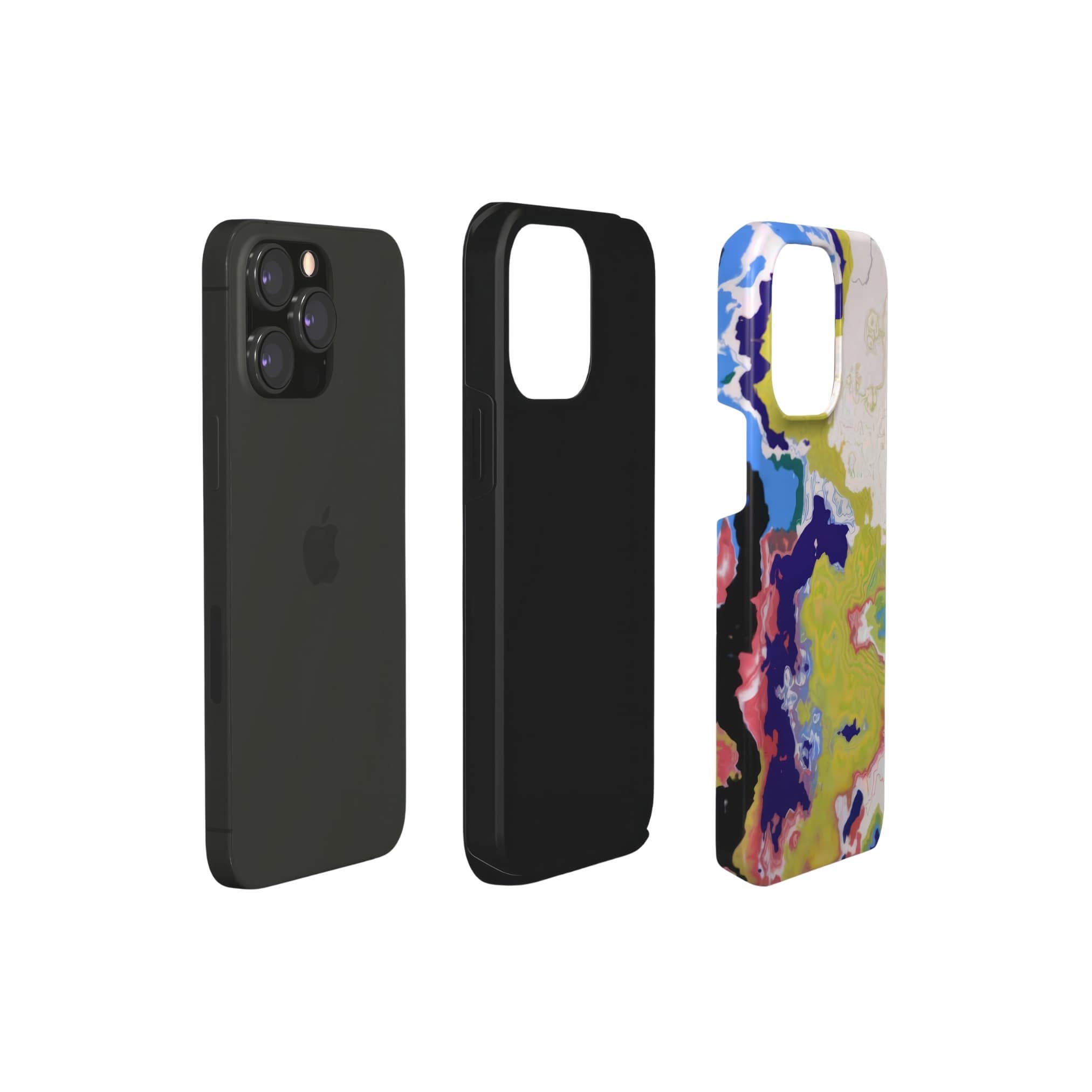 Tough phone case extend view; Jamaica pattern, artistic, abstract marble pattern. Dark blue, yellow and white color combination.