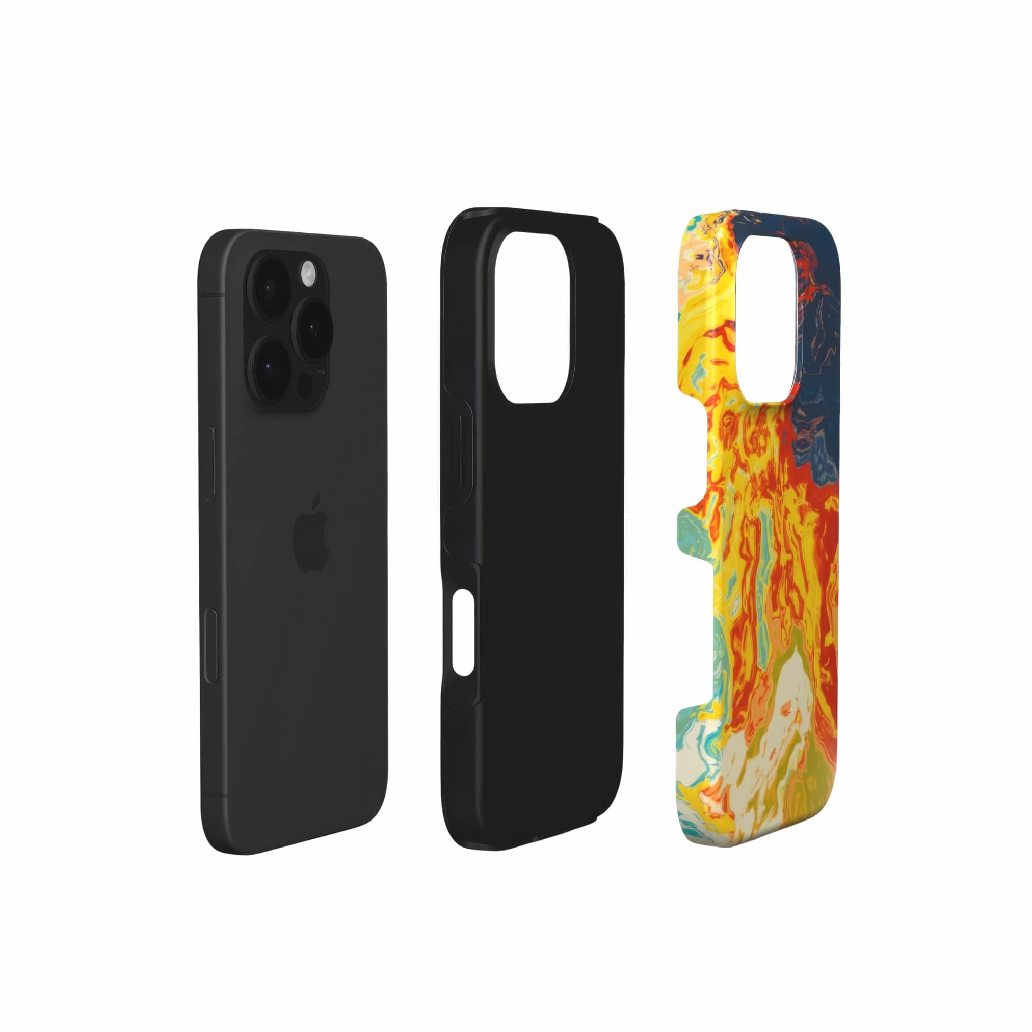 Tough phone case with a bold vivid pattern in marble abstract and artistic style, featuring an elegant and expressive aesthetic design. Main colors are navy deep blue, rich yellow, red and marine blue. Extend view.