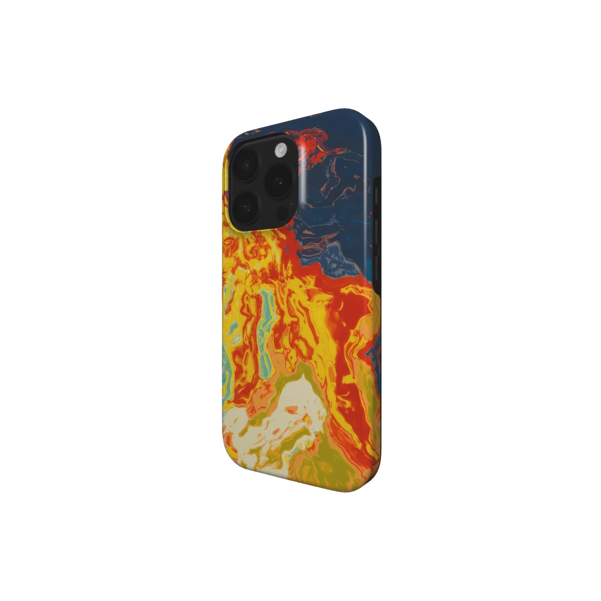Tough phone case with a bold vivid pattern in marble abstract and artistic style, featuring an elegant and expressive aesthetic design. Main colors are navy deep blue, rich yellow, red and marine blue. Side view.