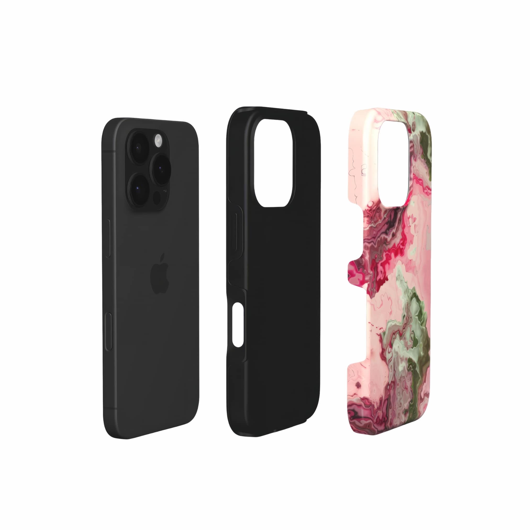 Tough phone case with a bold vivid pattern Like Flamingo 1 in marble abstract and artistic style, featuring an elegant and expressive aesthetic design. Main colors are pink and green. Extend view.