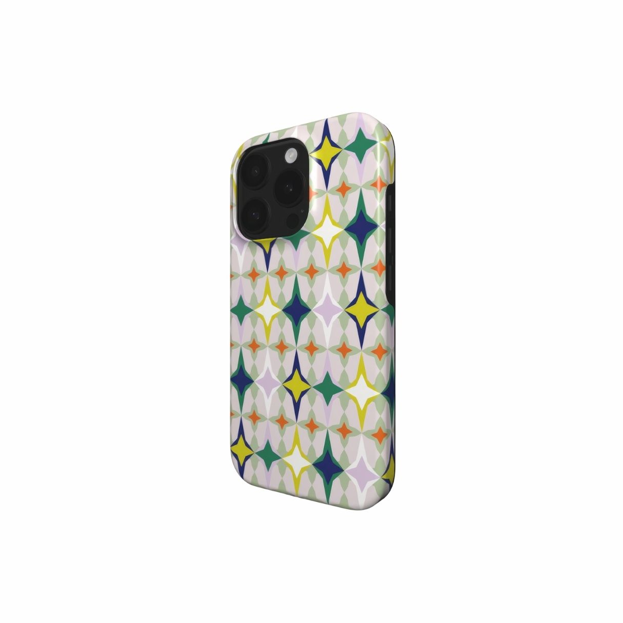 Tough phone case Magic Spring pattern design with a dynamic geometric symmetry in geometric style, featuring an elegant and expressive aesthetic design. Main colors are green, yellow, orange red and deep blue. Side view.