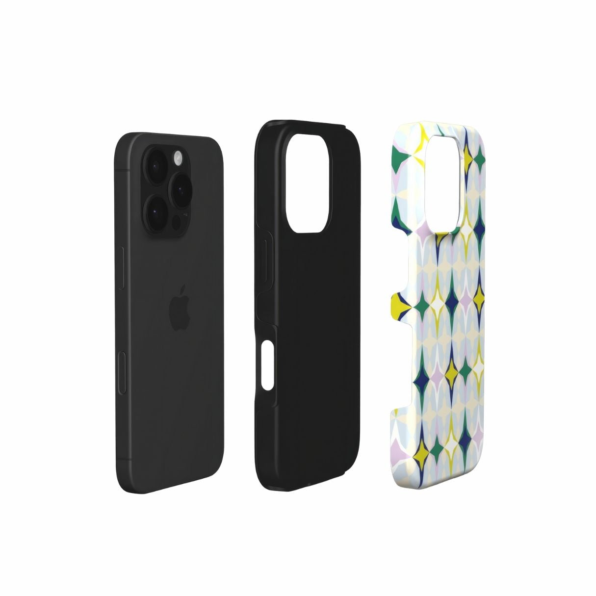 Tough phone case Magic Winter pattern design with a dynamic geometric symmetry in geometric style, featuring an elegant and expressive aesthetic design. Main colors are divine blue, yellow, green and deep blue. Extend view.