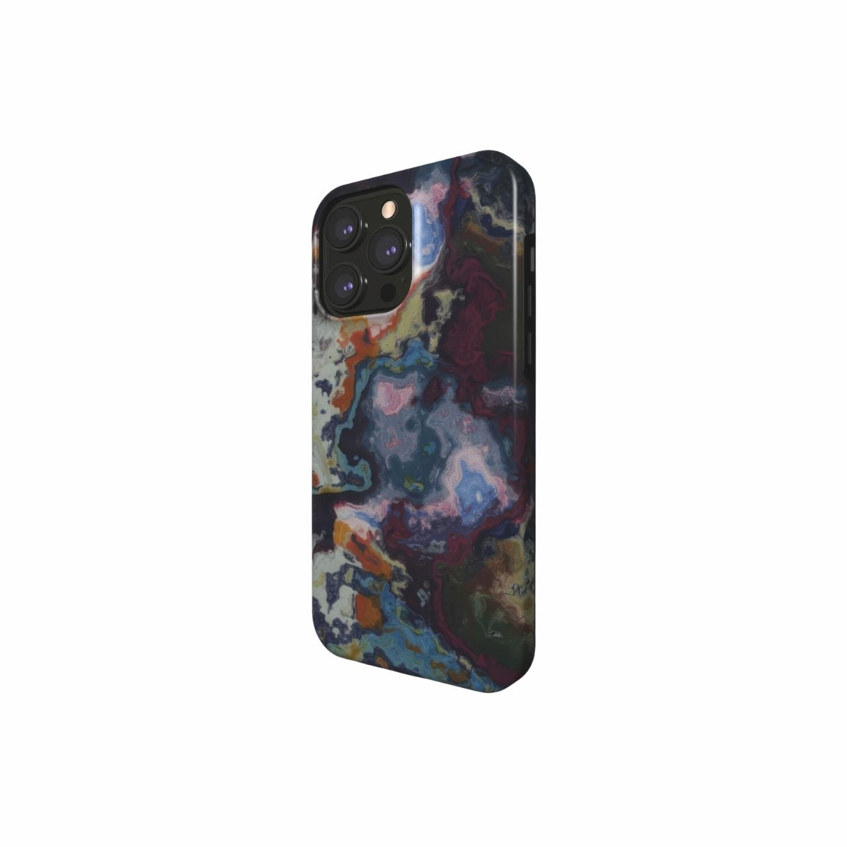 Tough phone case side view; Molten Berries pattern, artistic, abstract marble pattern. Deep. purple color. Bold expressive aesthetic design. Colorful and interior fit. Elegant.