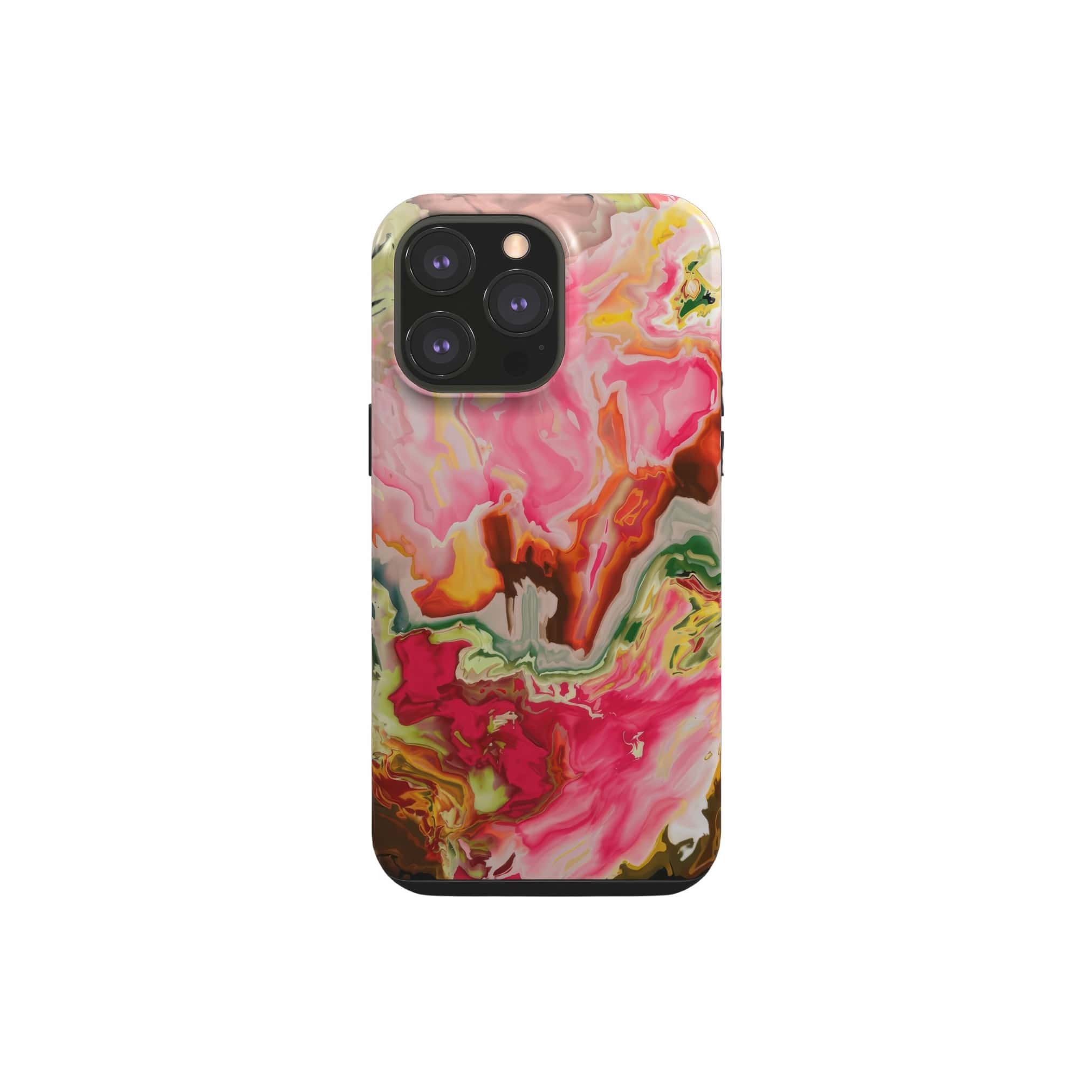 Tough phone case front view; Neon Pink pattern, artistic, abstract marble pattern. Pink and green color combination. Bold expressive aesthetic design. Colorful and interior fit. Elegant.
