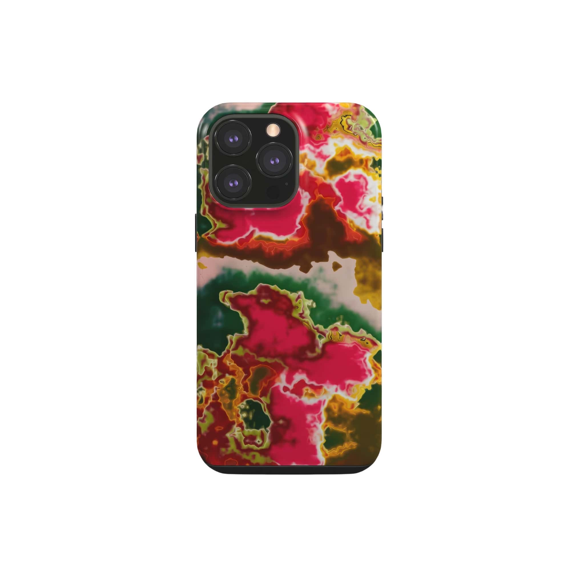 Tough phone case front view; Neon Pink Rich pattern, artistic, abstract marble pattern. Pink and green color combination. Bold expressive aesthetic design. Colorful and interior fit. Elegant.