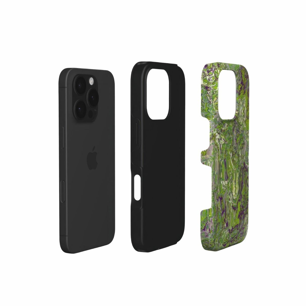Tough phone case with a bold vivid pattern Olive Smash abstract and artistic style, featuring an elegant and expressive aesthetic design. Main colors are olive green and purple hues. Extend view.