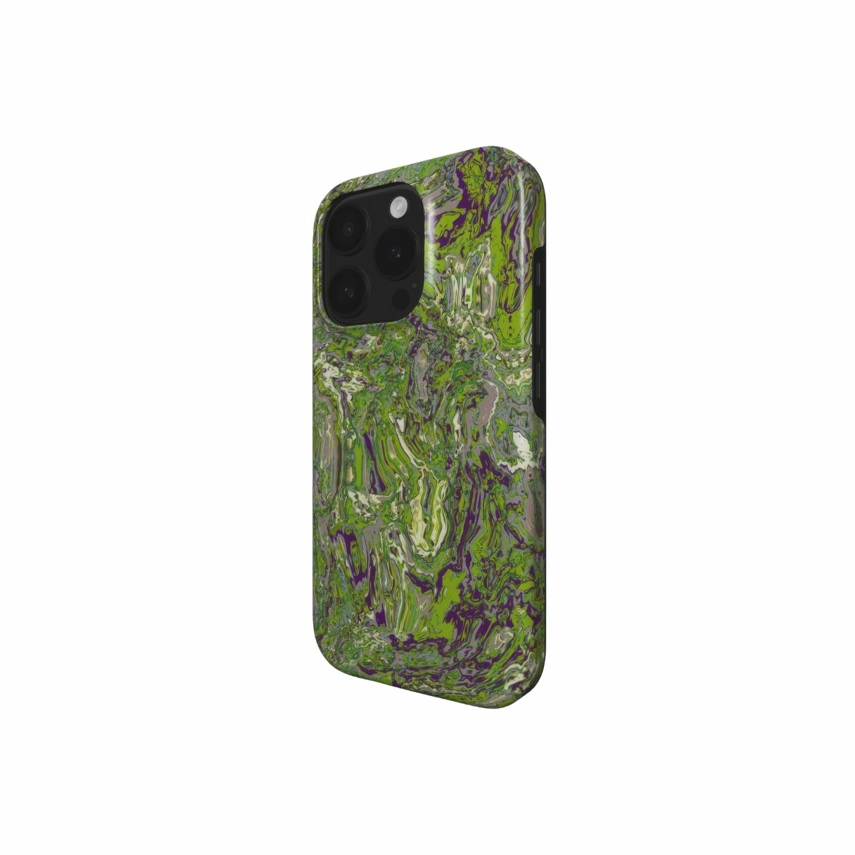 Tough phone case with a bold vivid pattern Olive Smash abstract and artistic style, featuring an elegant and expressive aesthetic design. Main colors are olive green and purple hues. Side view.