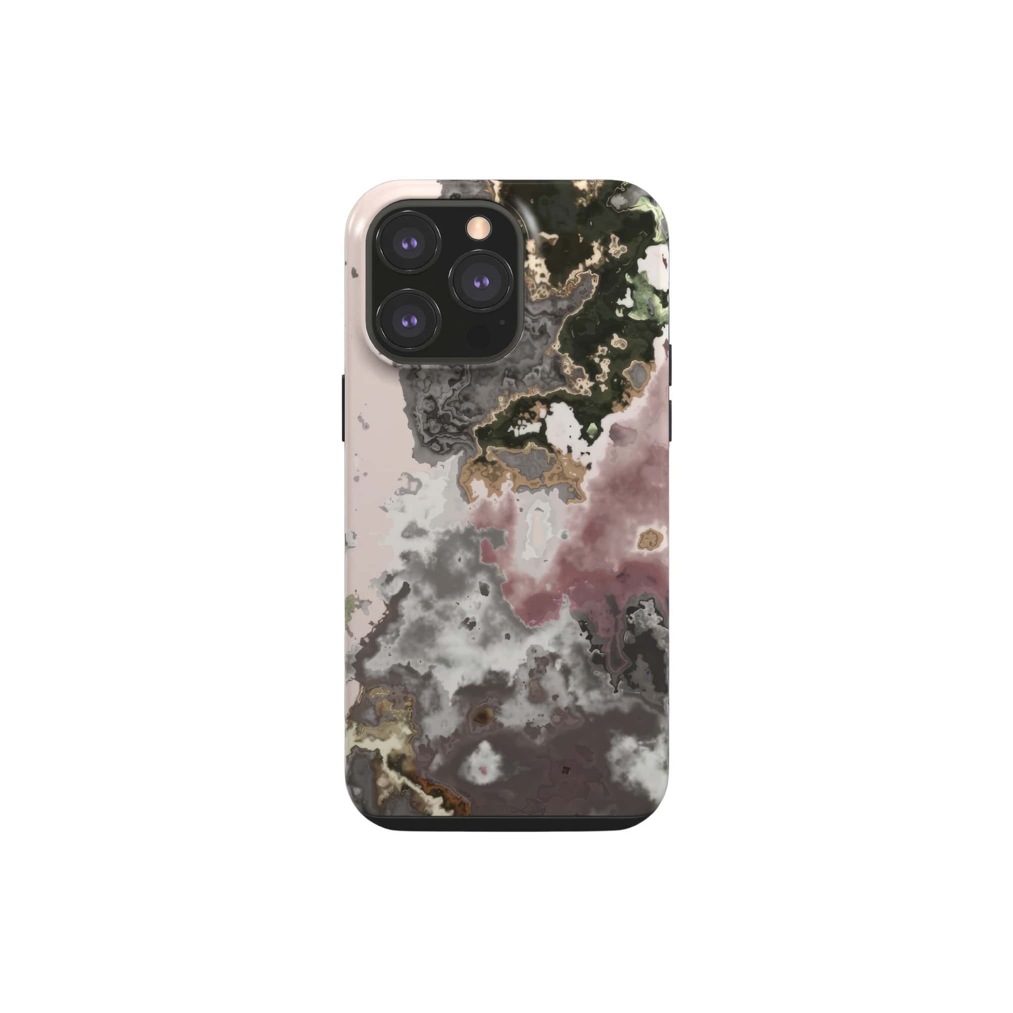 Tough phone case front view; Pink Moss 1 pattern, artistic, abstract marble pattern. Pink and grey color combination. Bold expressive aesthetic design. Colorful and interior fit. Elegant.