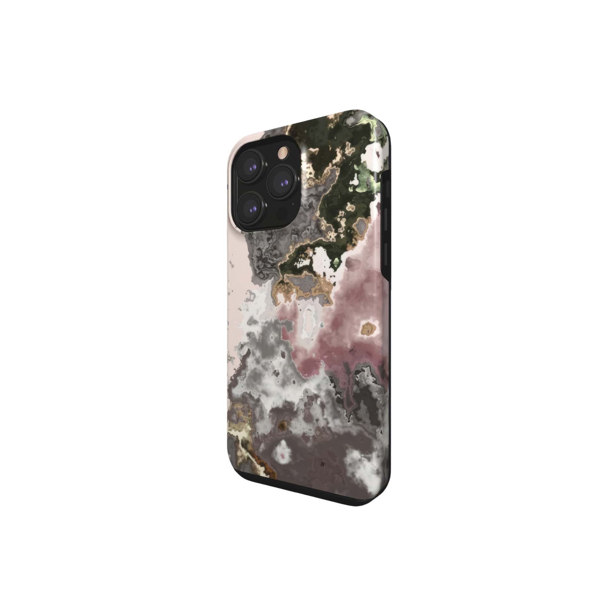 Tough phone case side view; Pink Moss 1 pattern, artistic, abstract marble pattern. Pink and grey color combination.