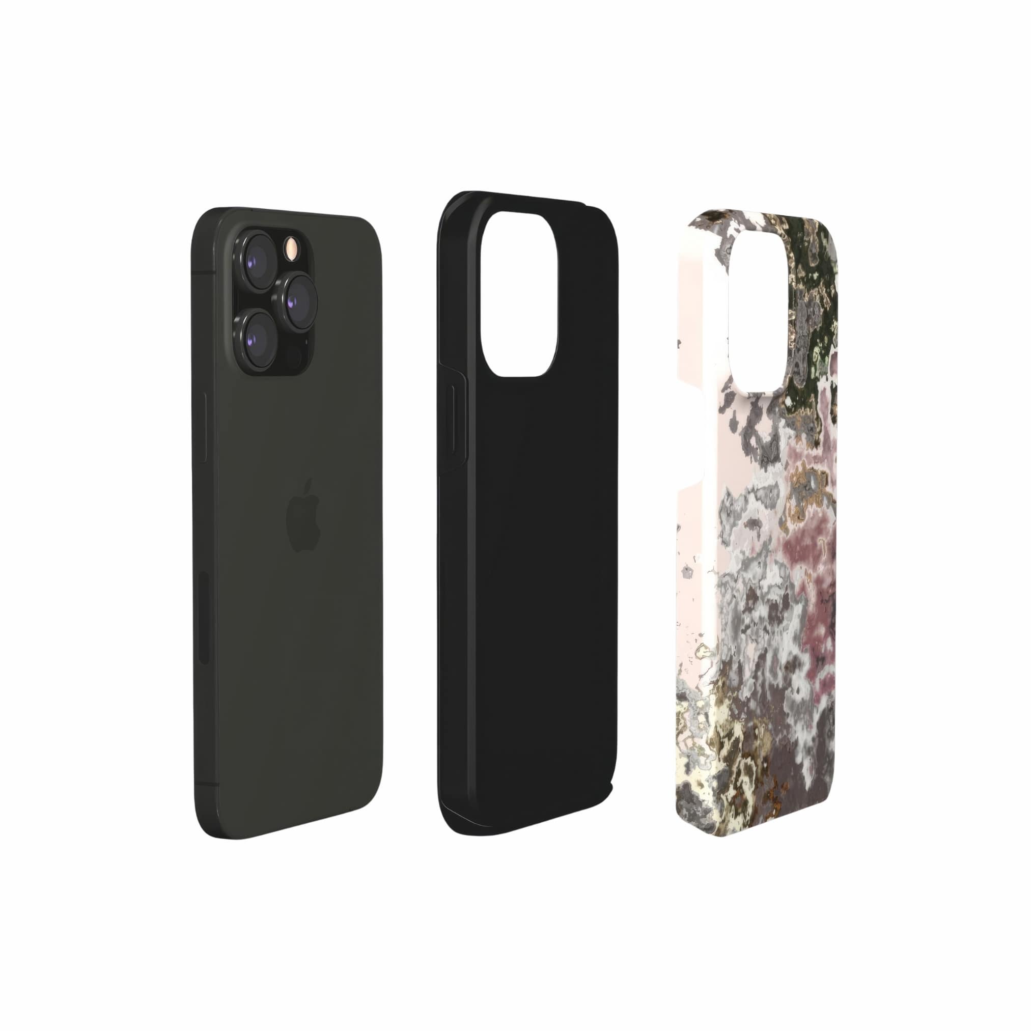 Tough phone case closed view; Pink Moss 2 pattern, artistic, abstract marble pattern. Pink and grey color combination.