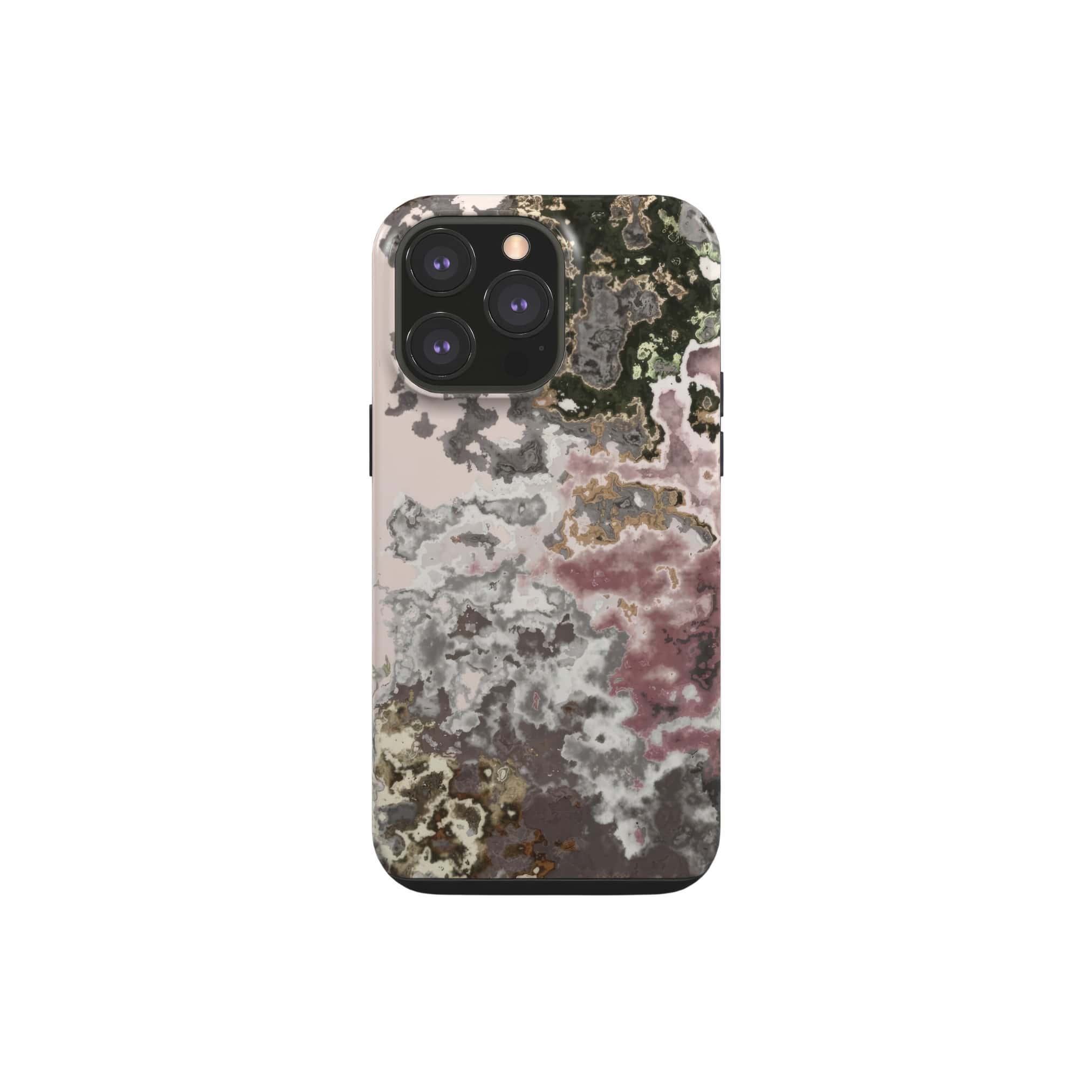 Tough phone case front view; Pink Moss 2 pattern, artistic, abstract marble pattern. Pink and grey color combination. Bold expressive aesthetic design. Colorful and interior fit. Elegant.