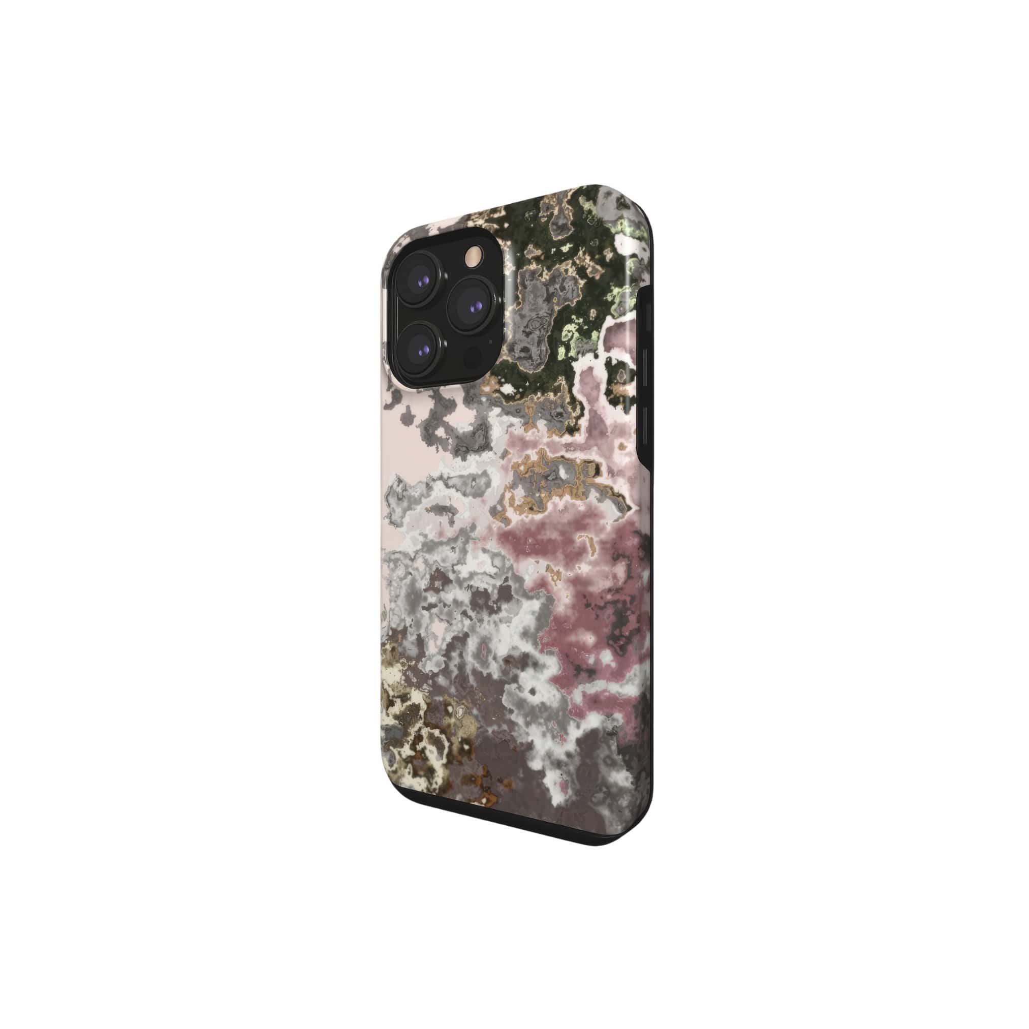 Tough phone case side view; Pink Moss 2 pattern, artistic, abstract marble pattern. Pink and grey color combination.