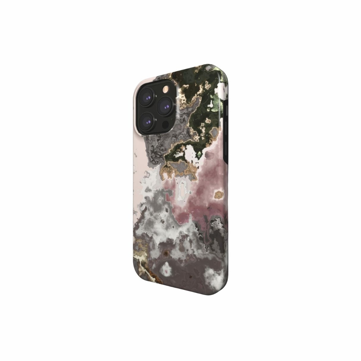 Tough phone case side view; Pink Moss pattern, artistic, abstract marble pattern. Pink and grey color combination.