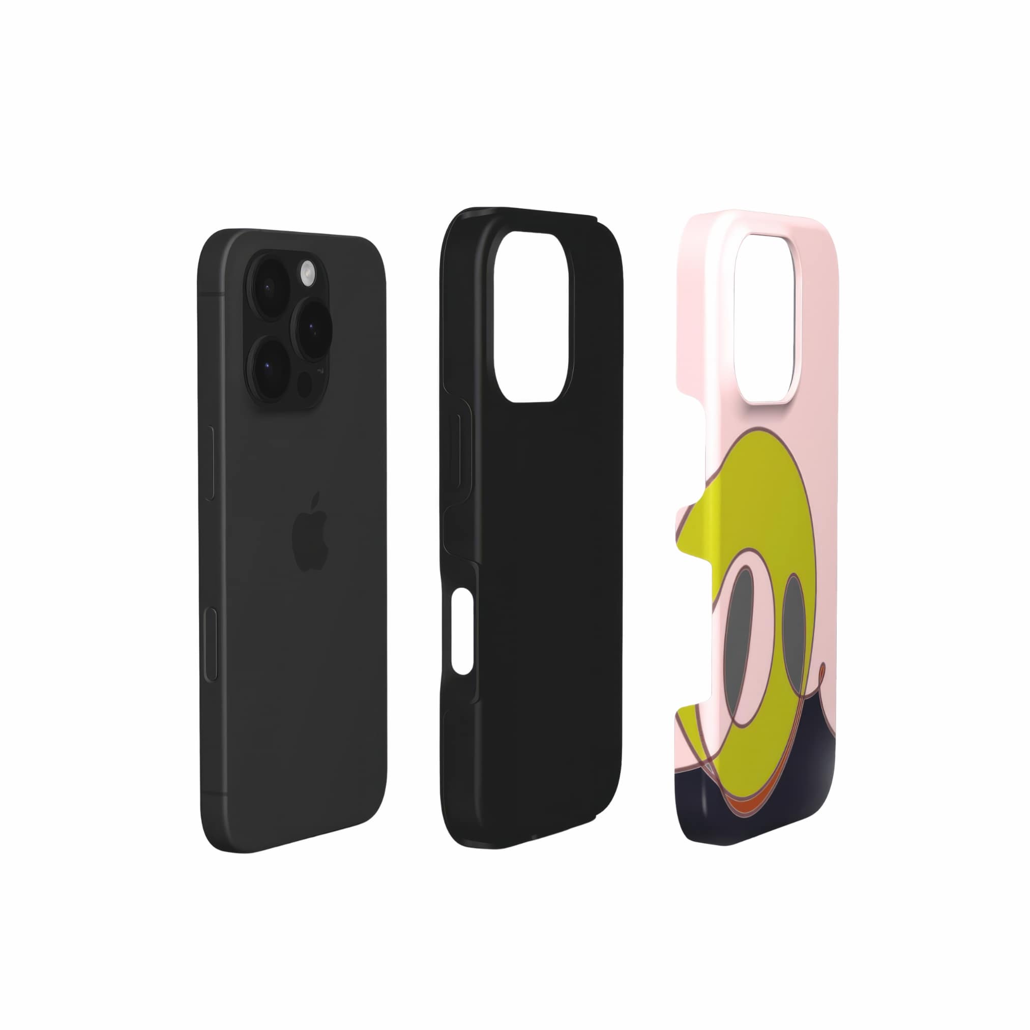 Tough phone case Smile pattern design with a playful, bold expression of joy captured in abstract form, featuring an elegant and expressive aesthetic design. Main colors are pink and mustard yellow. Extend view.
