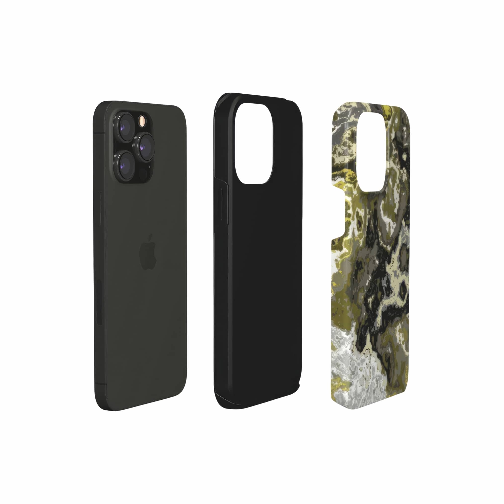 Tough phone case extend view; Spring Rain 1 pattern, artistic, abstract marble pattern. Yellow, black and grey color combination.