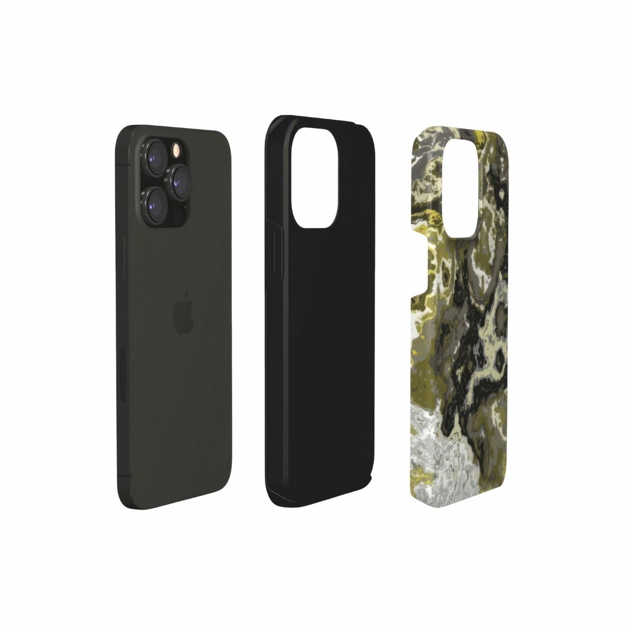 Tough phone case extend view; Spring Rain pattern, artistic, abstract marble pattern. Yellow, black and grey color combination.
