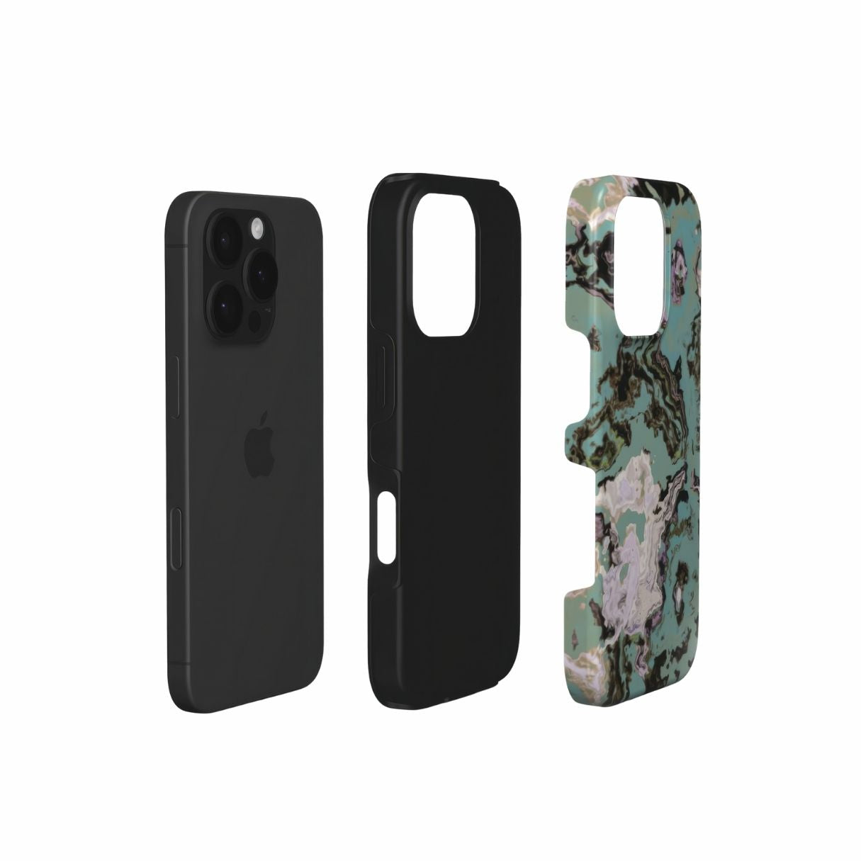Tough phone case with a bold vivid pattern in marble abstract and artistic style, featuring an elegant and expressive aesthetic design. Main colors are teal blue and light lilac. Extend view.