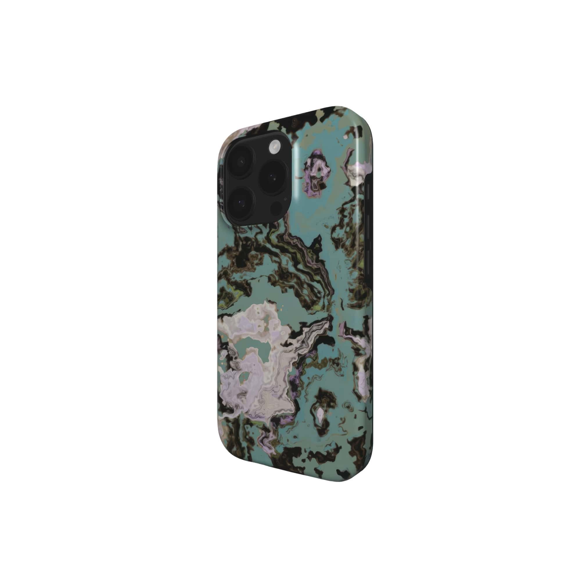 Tough phone case with a bold vivid pattern in marble abstract and artistic style, featuring an elegant and expressive aesthetic design. Main colors are teal blue and light lilac. Side view.