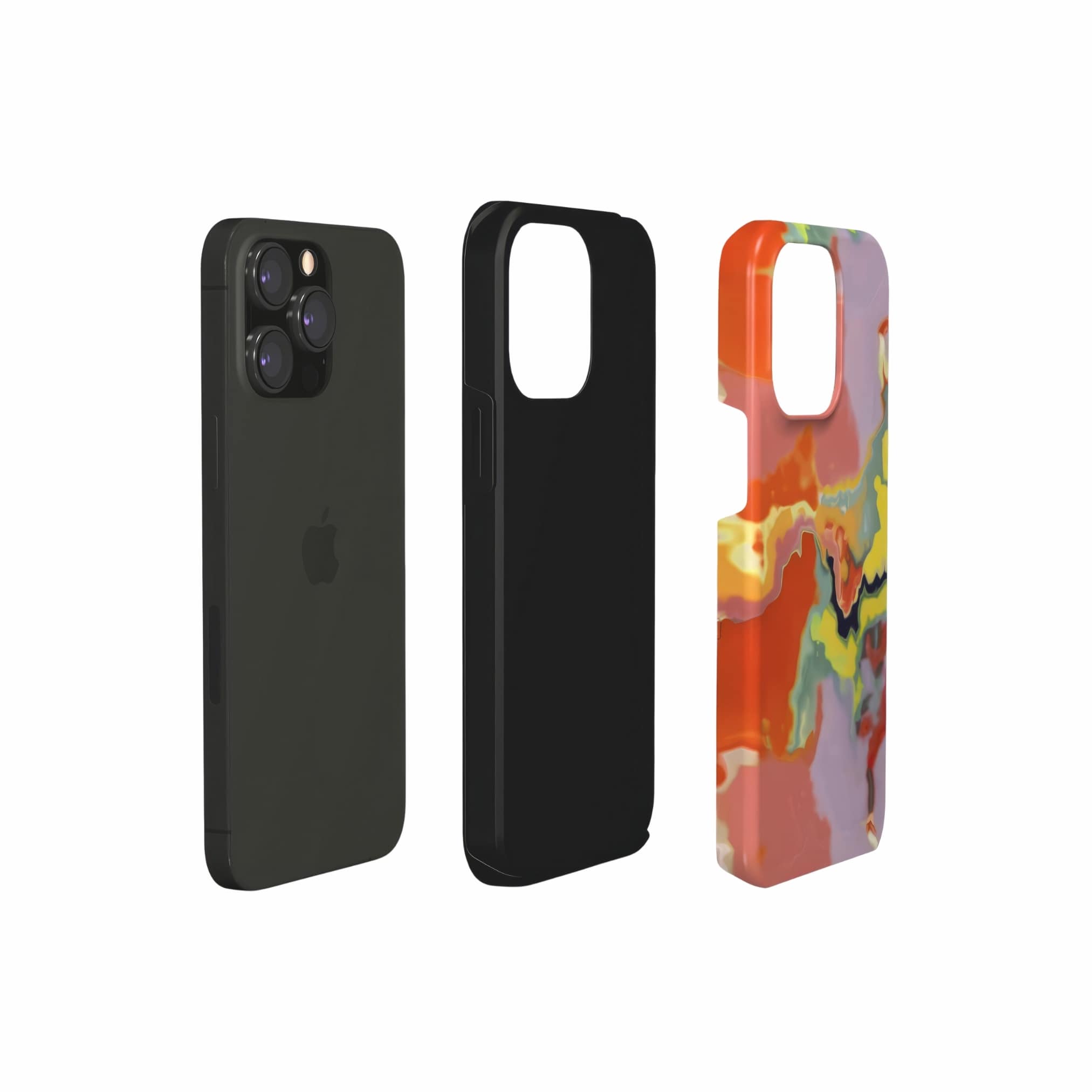 Tough phone case extend view; Tropical pattern, artistic, abstract marble pattern. Orange and green color combination.