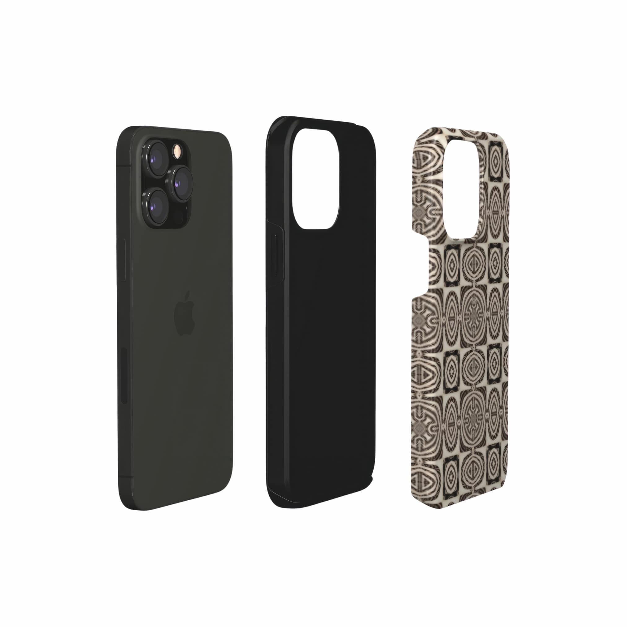 Tough Phone case extend view; wooden snake 1 pattern, ornamental pattern; kaleidoscope pattern imagination. Brown color.