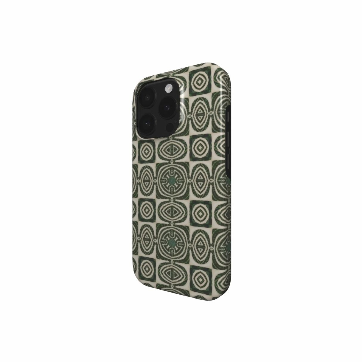 Tough case side view; Wooden Snake 2 pattern, ornamental pattern; kaleidoscope pattern imagination. Green color.