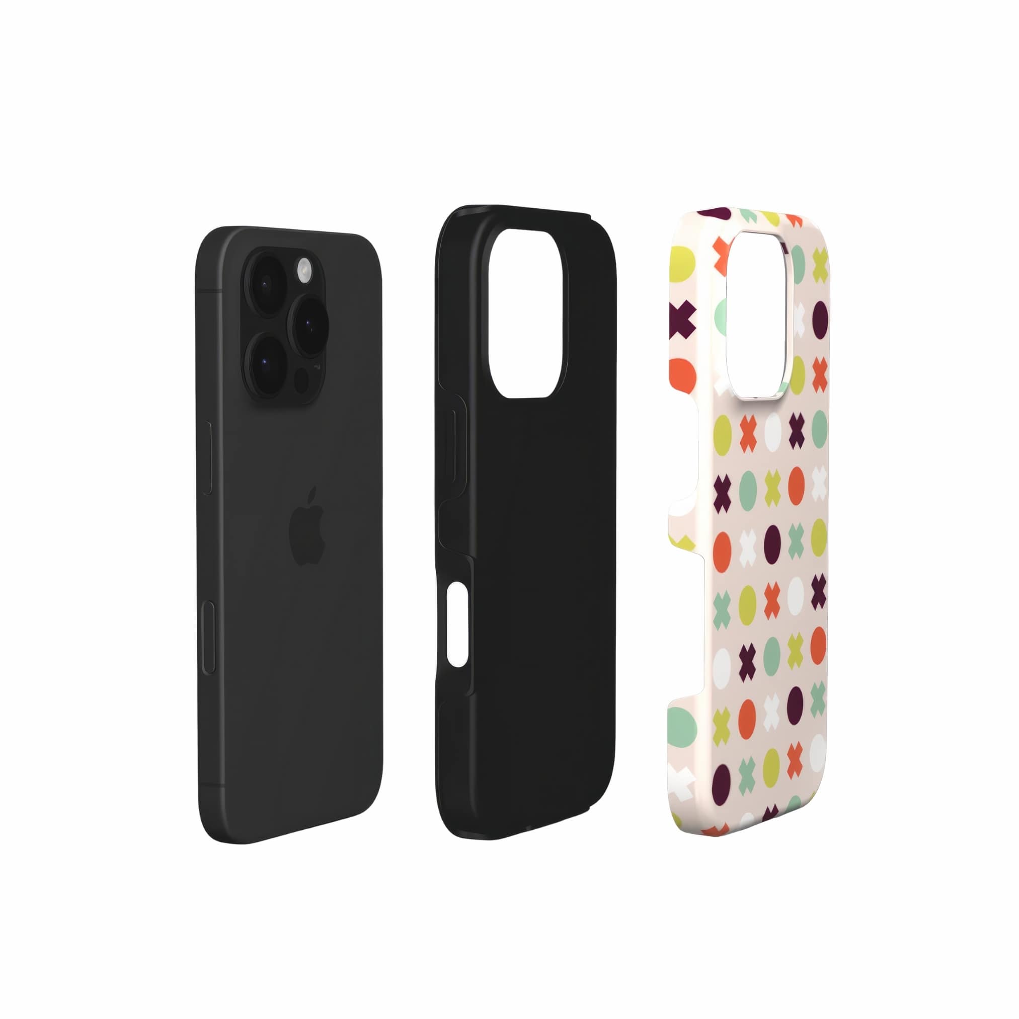 Tough phone case XOXO 1 pattern design with a circles and cross modern style, featuring an elegant and expressive aesthetic design. Main colors are orange red, purple, yellow and mint. Extend view.