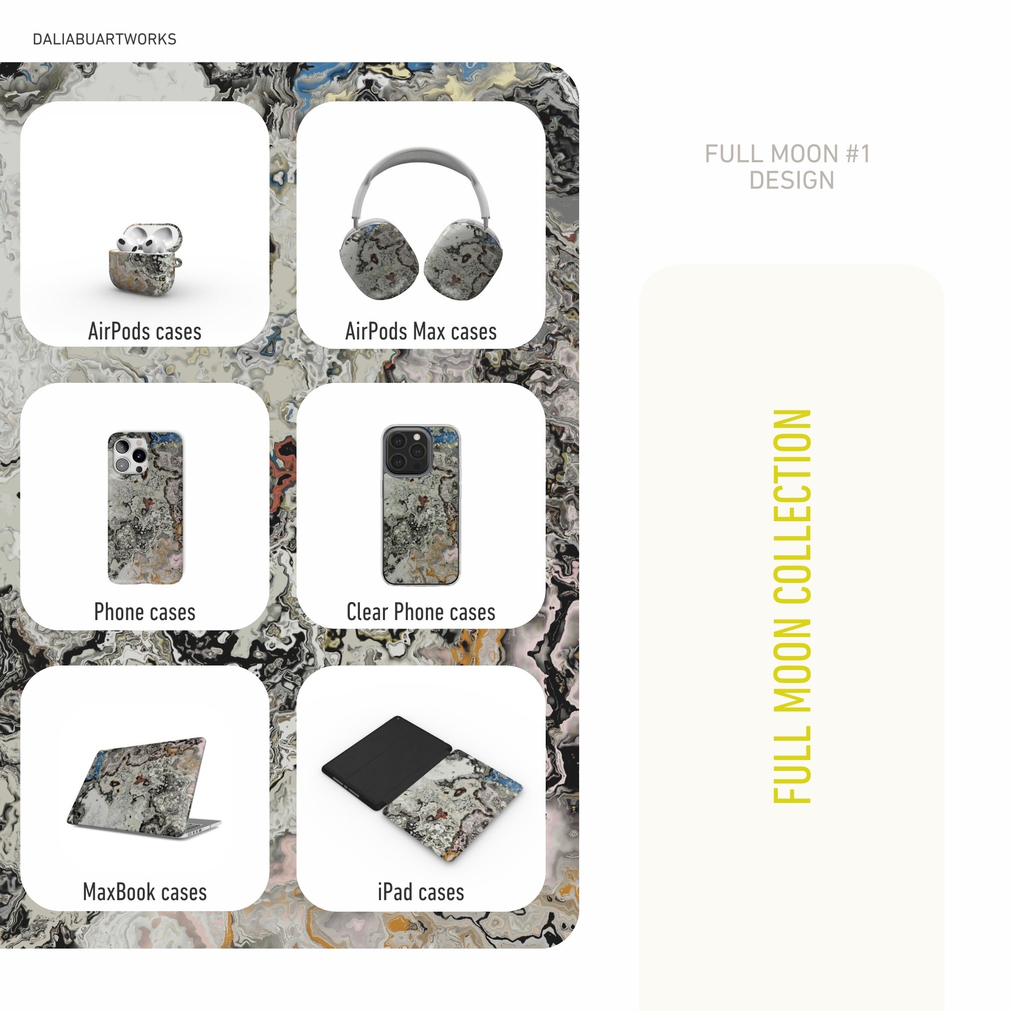 Full Moon pattern design collection for tech accessories like iPad, MacBook, Phone  and AirPods cases.