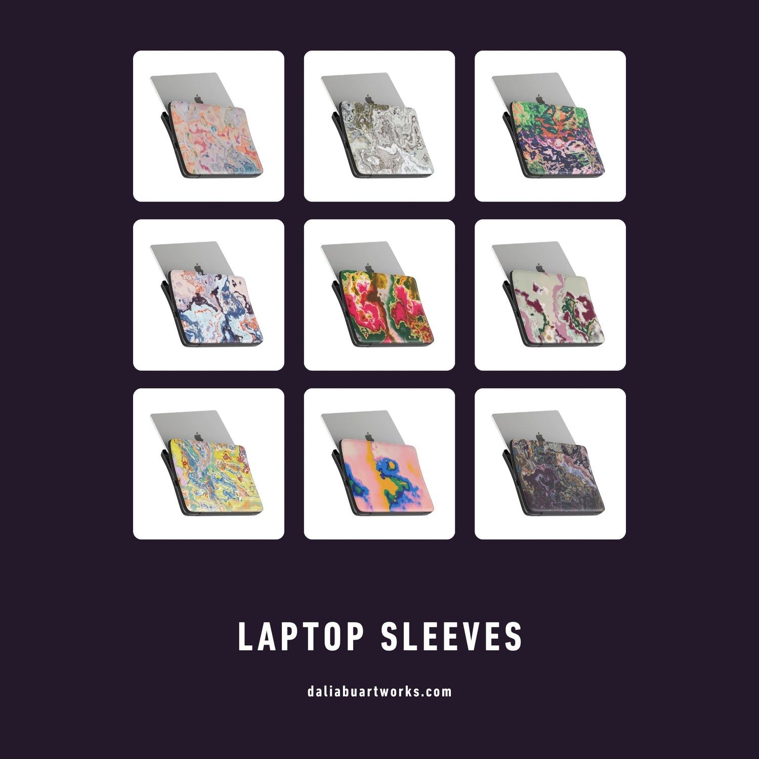 Grid of laptop sleeves with variuos abstract and bold designs, featuring the brand 'daliahuartworks.com'.